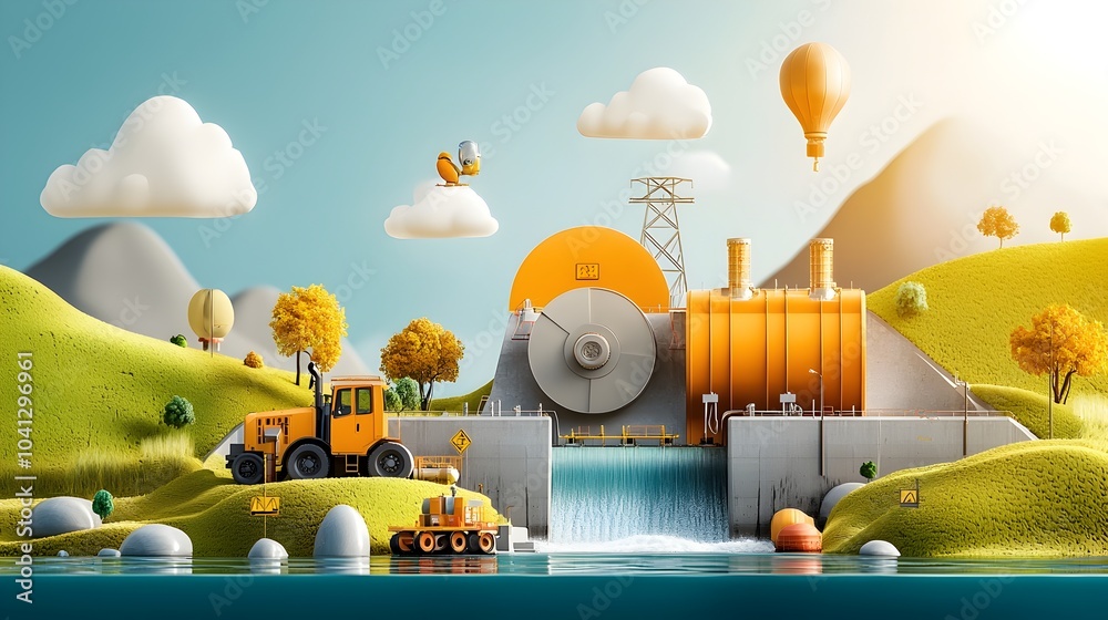 Poster detailed cross section of a hydroelectric dam showcasing the water flow process and turbine system g