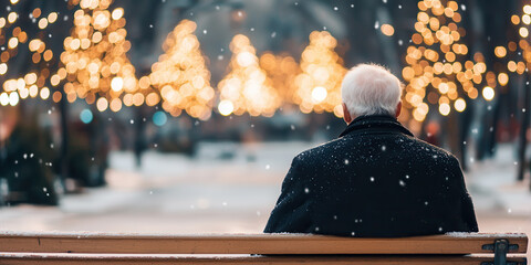 Lonely elderly man waiting in snowy park with Christmas lights