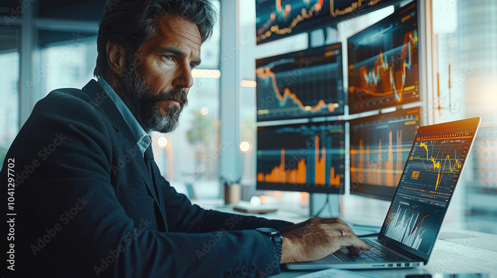 Aufkleber A focused businessman analyzing financial data on a laptop at a modern office desk, surrounded by charts and graphs displayed on multiple screens.