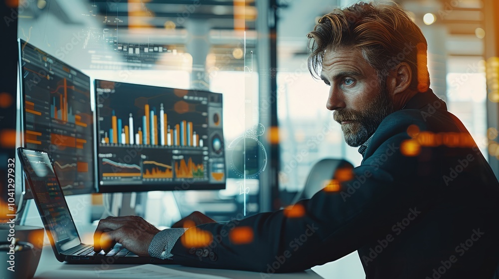 Poster A focused businessman analyzing financial data on a laptop at a modern office desk, surrounded by charts and graphs displayed on multiple screens.