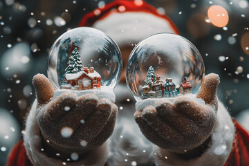 A little boy's two hands are holding a snow globe, having fun playing with this toy for the first time on Christmas.