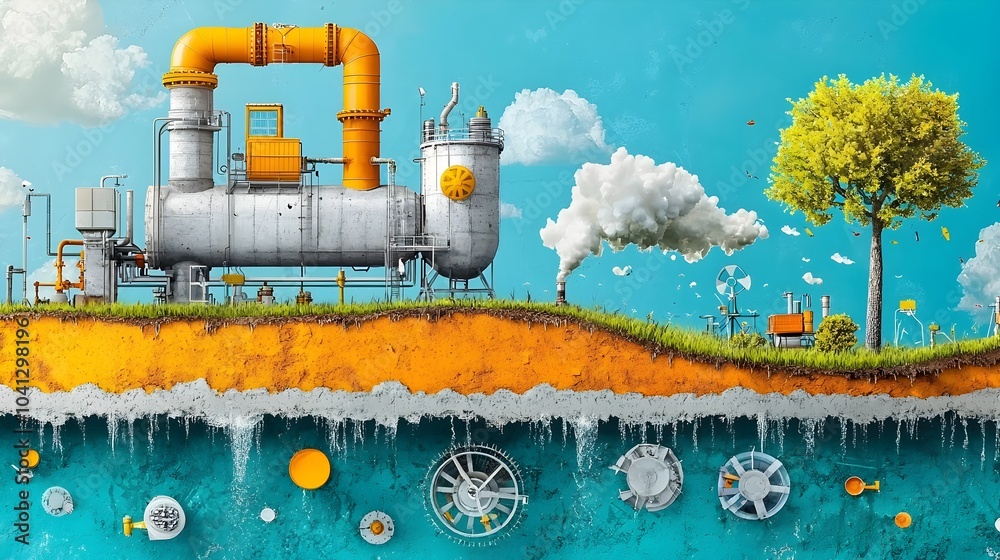 Poster Detailed cross section of an urban sewer system highlighting the intricate water flow and waste treatment processes that occur underground to manage and recycle wastewater in a sustainable manner