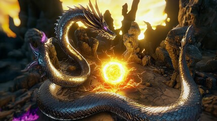 Stunning 3D Metallic Dragon Model Coiled Around Glowing Energy Core