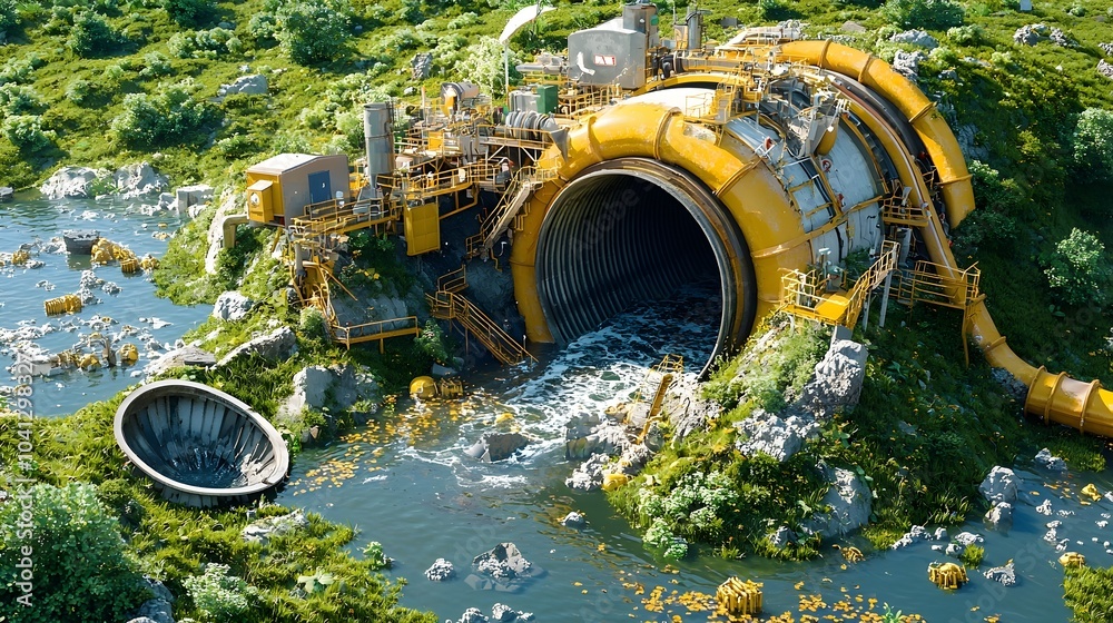 Poster Detailed cross section of an urban underground sewer system displaying the intricate network of pipes drainage