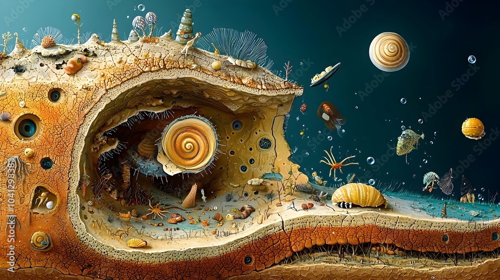 Aufkleber Detailed cross section of the ocean floor highlighting a clam shell and the diverse array of sea creatures coexisting within this underwater ecosystem