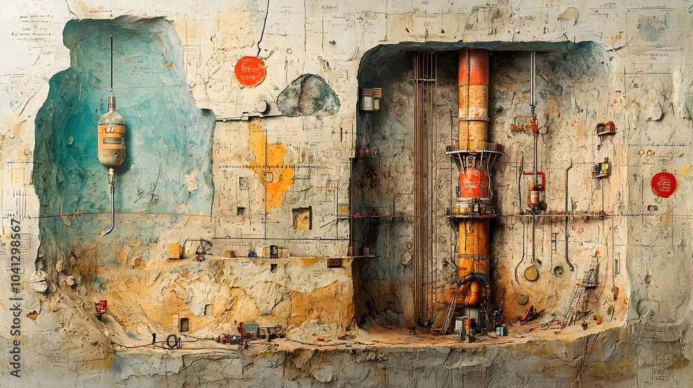 Poster detailed cross section showcasing the complex underground infrastructure and geological formations f