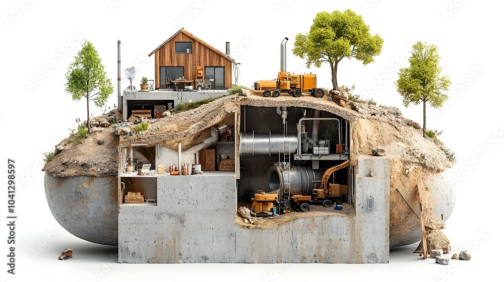Poster detailed cross section showcasing the components and functionality of a rainwater harvesting system 