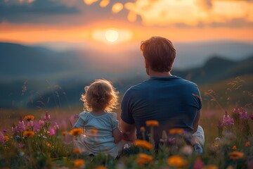 Father and Child Bonding at Sunset in a Vibrant Flower Field