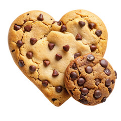 Chocolate chip cookie in heart shape top view isolated on transparent background
