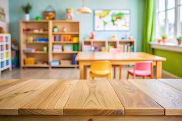 Empty table top blurred with blurred child room in home