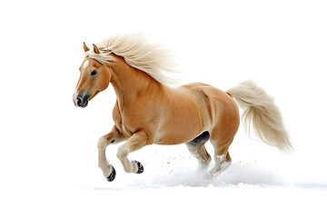Obraz premium creamy-colored Haflinger pony galloping through a snowy field, its thick mane and tail bouncing with every stride with transparent background
