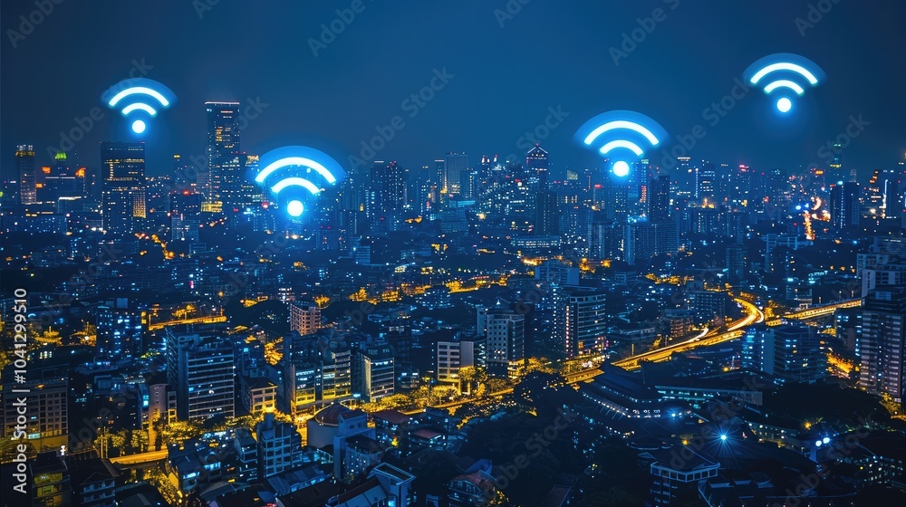 Poster modern city with wireless network connection and urban landscape concept wireless network and connec