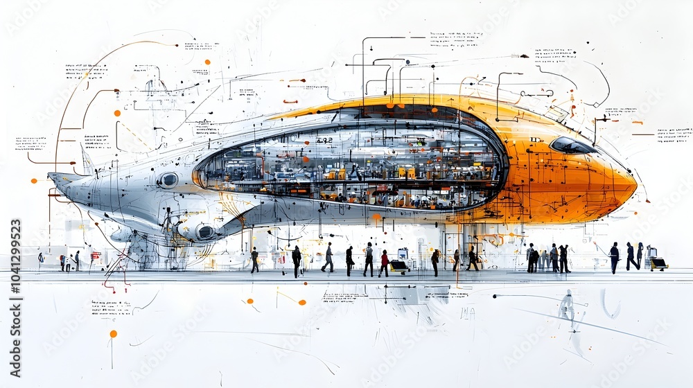 Poster detailed cross section showcasing the intricate layout and infrastructure of a modern airport termin