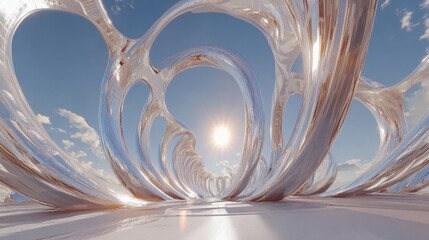 360-degree render of a futuristic metal architecture with sky and sun.