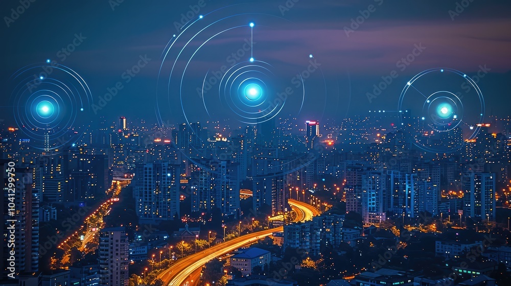 Poster modern city with wireless network connection and urban landscape concept wireless network and connec