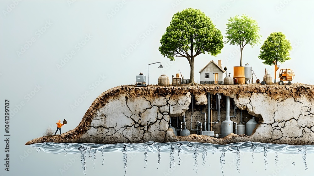 Poster Detailed cross section showcasing the key components and functionality of a comprehensive rainwater harvesting system designed for efficient water storage distribution