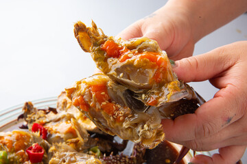Korean-style soy sauce marinated crab with a bright gray background 밝은 회색 배경의 한국식 간장게장 © daewoong
