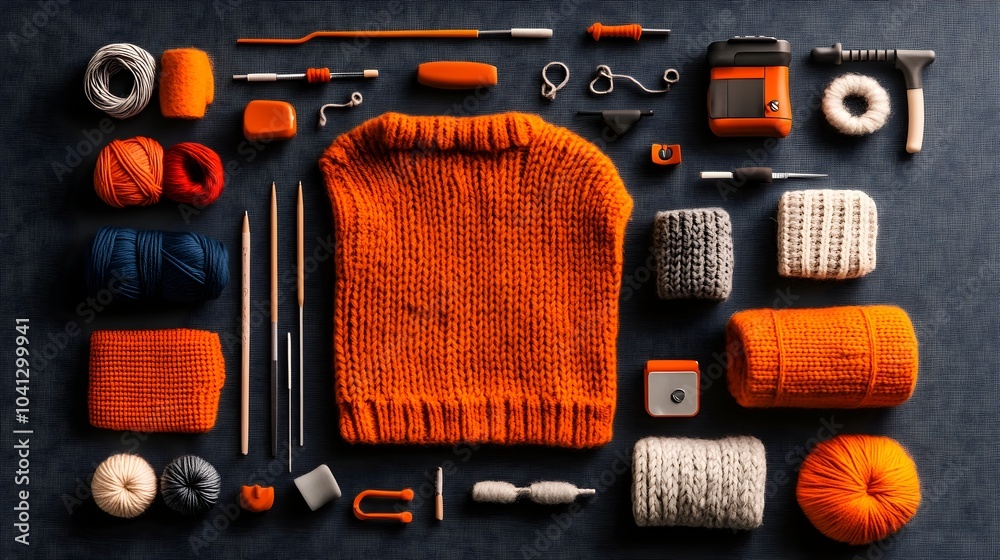 Poster detailed cross section showcasing the various elements of a knitting workspace including vibrant yar