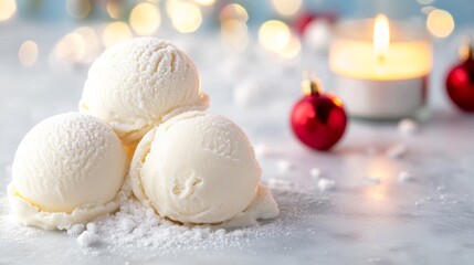 Festive Winter Treats - Snow-covered ice cream scoops with Christmas decorations and candlelight on table
