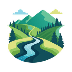 Obraz premium Beautiful mountain river vector illustration featuring lush green hills, tall pine trees, and waters