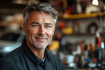 Fototapeta premium Portrait of a smiling mechanic in a garage