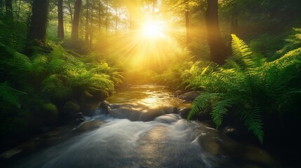Obraz premium Sunlight streams through trees illuminating a forest stream.