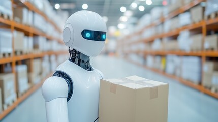 Obraz premium Futuristic Humanoid AI Robot Carrying Cardboard Box Inside Automated Warehouse with Shelves, Representing Smart Logistics and Robotics Workforce