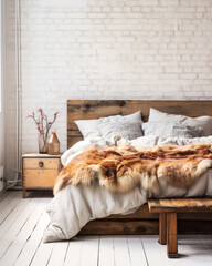 wooden bed in modern Scandinavian bedroom design with blank wall