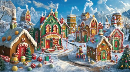 Naklejka premium Whimsical Gingerbread Village in Snowy Scene