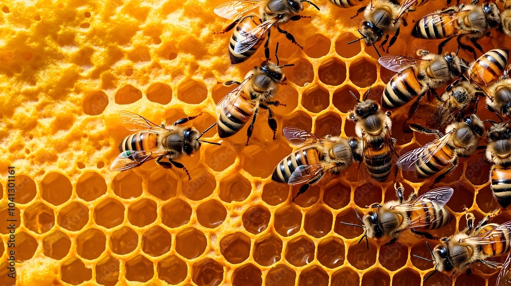 Poster Detailed cross section view of a honeybee hive showcasing the complex and intricate hexagonal cell structure that houses the honey storage and other vital elements of the hive s internal architecture