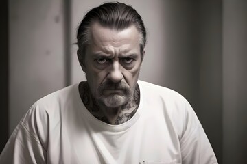 Obraz premium a middle-aged prisoner man with a furrowed brow and a weary expression. dishevelled, crime, criminal, arrest. jail, jail cell, prison, incarceration, convict, punishment, confinement, sadness