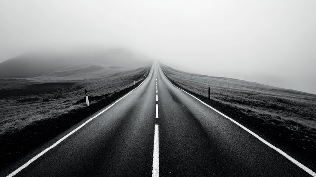 Descriptive title: Lonely road vanishing into mist, solitude, aimless journey.