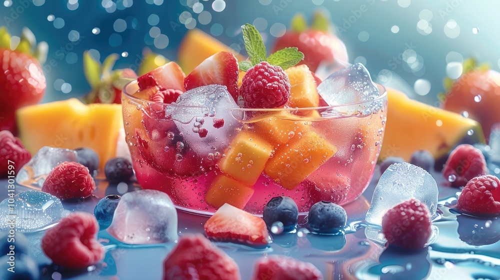 Aufkleber mix of fresh fruits with cubed ice, a refreshing and hydrating smoothie.
