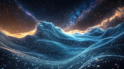 3D futuristic light painting of the Milky Way, with abstract glowing lines creating a mesmerizing cosmic flow.