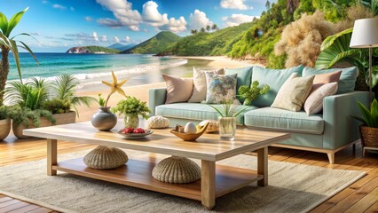 Fototapeta premium Creative Coffee Table with Coastal Island Landscape Design Featuring Relaxing Beach Vibes and Contemporary Decor for Stylish Living Spaces in a Modern Home