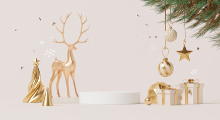 3D render, Merry Christmas celebration background with empty stage product display decorate with ornament ball and tree.