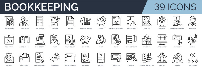 Set of 39 outline icons related to bookkeeping. Linear icon collection. Editable stroke. Vector illustration