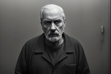 Obraz premium a middle-aged prisoner man with a furrowed brow and a weary expression. dishevelled, crime, criminal, arrest. jail, jail cell, prison, incarceration, convict, punishment, confinement, sadness