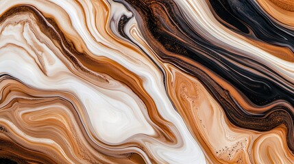Fototapeta premium Abstract marble texture with rich brown, black, and creamy white swirls, ideal for backgrounds and artistic designs.