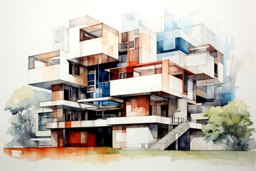 contemporary office building watercolor Illustration