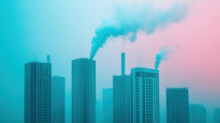Fototapeta premium A serene urban skyline featuring tall buildings with smoke rising against a gradient sky, symbolizing industrial progress.