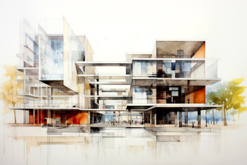 contemporary office building watercolor Illustration