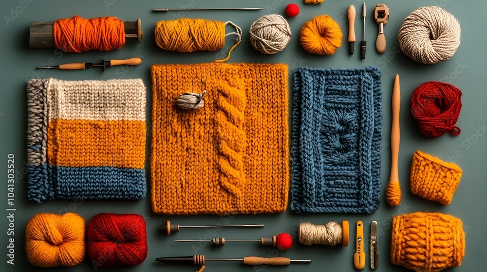 Poster Detailed layered cross section view of a knitting kit showcasing various components such as colorful yarn metal and wooden knitting needles