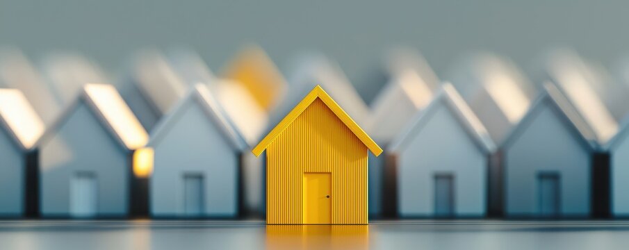A yellow miniature house stands out among blurry houses in the background, symbolizing uniqueness and homeownership.