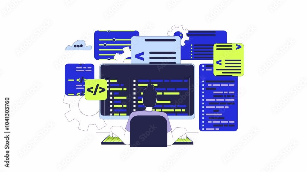 Fototapete software developer 2d animation. coding career 4k video motion graphic. caucasian man programmer typ