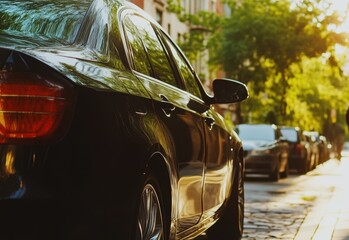 Naklejka premium Black car on sunny tree-lined street