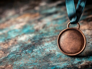 Bronze medal with teal ribbon on textured background showcasing achievements and recognition.