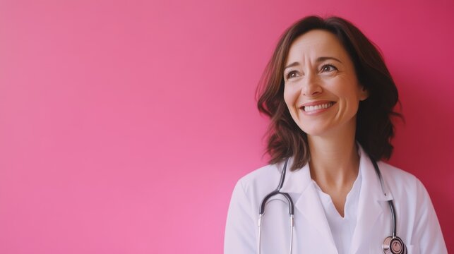 Confident female doctor smiling against pink background