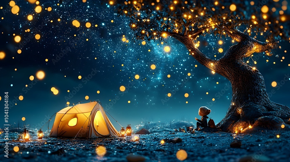 Poster enchanting glowing mesh lines depicting a starry night sky above a serene and tranquil campsite with