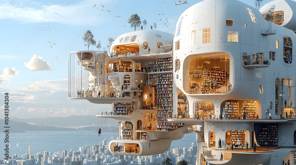 Poster expansive multilevel library interior featuring towering bookshelves filled with knowledge complemen